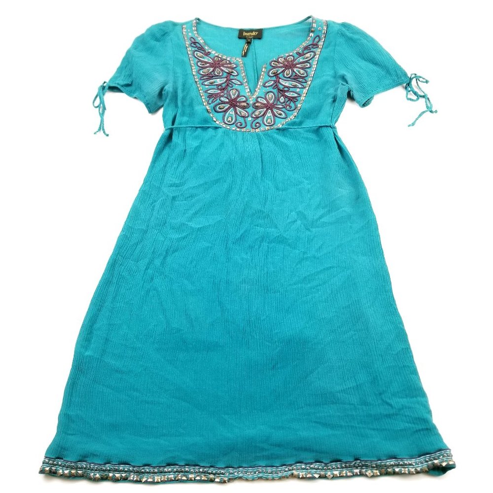 SHELLI SEGAL Turquoise Blue Bohemian Silk Dress 4